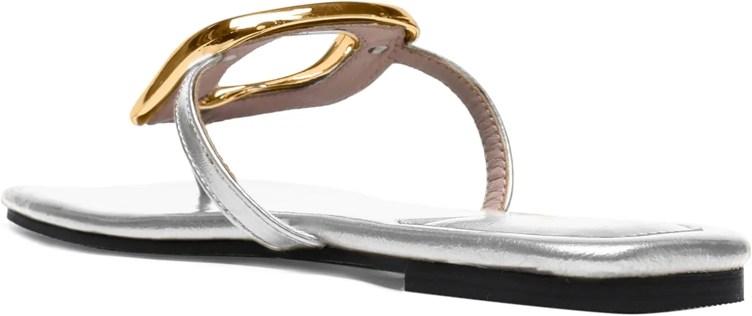 Flip-Flops Sandals for Women Comfortable Open Square Toe Slip on Beach Thong Sandals Casual Fashion Ladies Slipper Dressy Metal Decoration Summer Shoes.