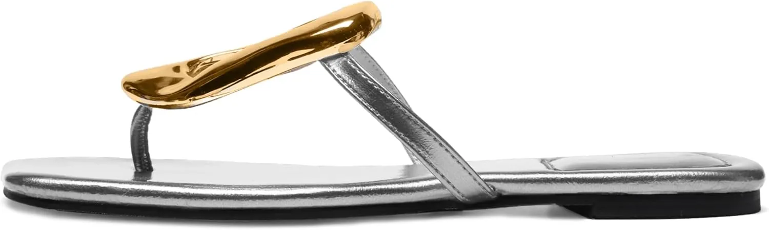 Flip-Flops Sandals for Women Comfortable Open Square Toe Slip on Beach Thong Sandals Casual Fashion Ladies Slipper Dressy Metal Decoration Summer Shoes.