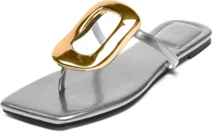 Flip-Flops Sandals for Women Comfortable Open Square Toe Slip on Beach Thong Sandals Casual Fashion Ladies Slipper Dressy Metal Decoration Summer Shoes.