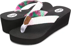 Floopi High Heel Wedge Sandals for Women-Comfort Yoga Mat Footbed for Support, Flip Flop Thong Platforms for Summer