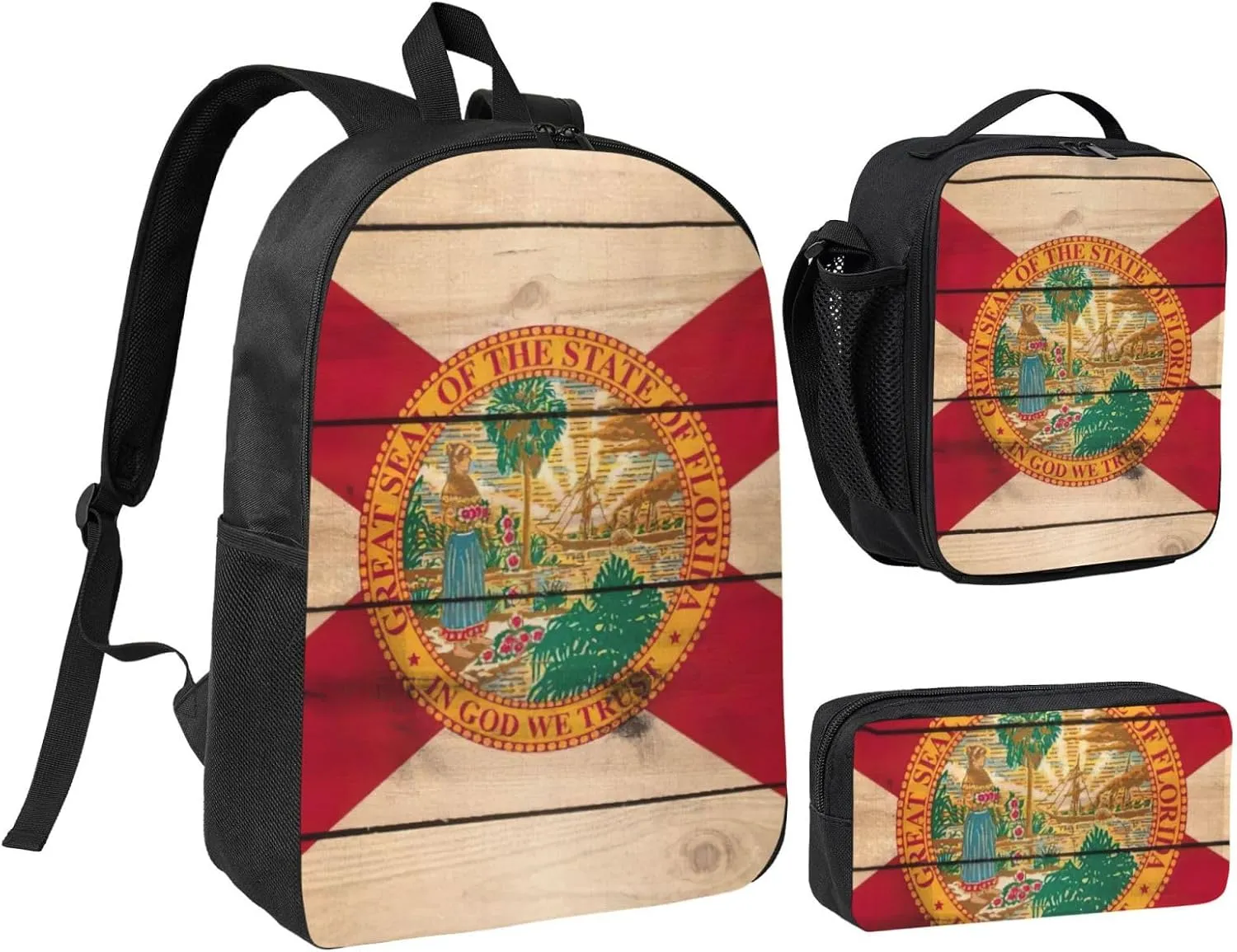 Florida flag wood grain print Backpack Set Casual Shoulder Bag Lunch Bag Pen Pouch 3 in 1 Set 17inch for Women Men College