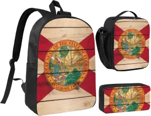 Florida flag wood grain print Backpack Set Casual Shoulder Bag Lunch Bag Pen Pouch 3 in 1 Set 17inch for Women Men College