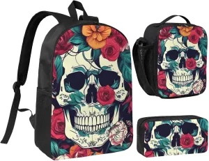 Flowers Skull Ornamental print Backpack Set Casual Shoulder Bag Lunch Bag Pen Pouch 3 in 1 Set 17inch for Women Men College