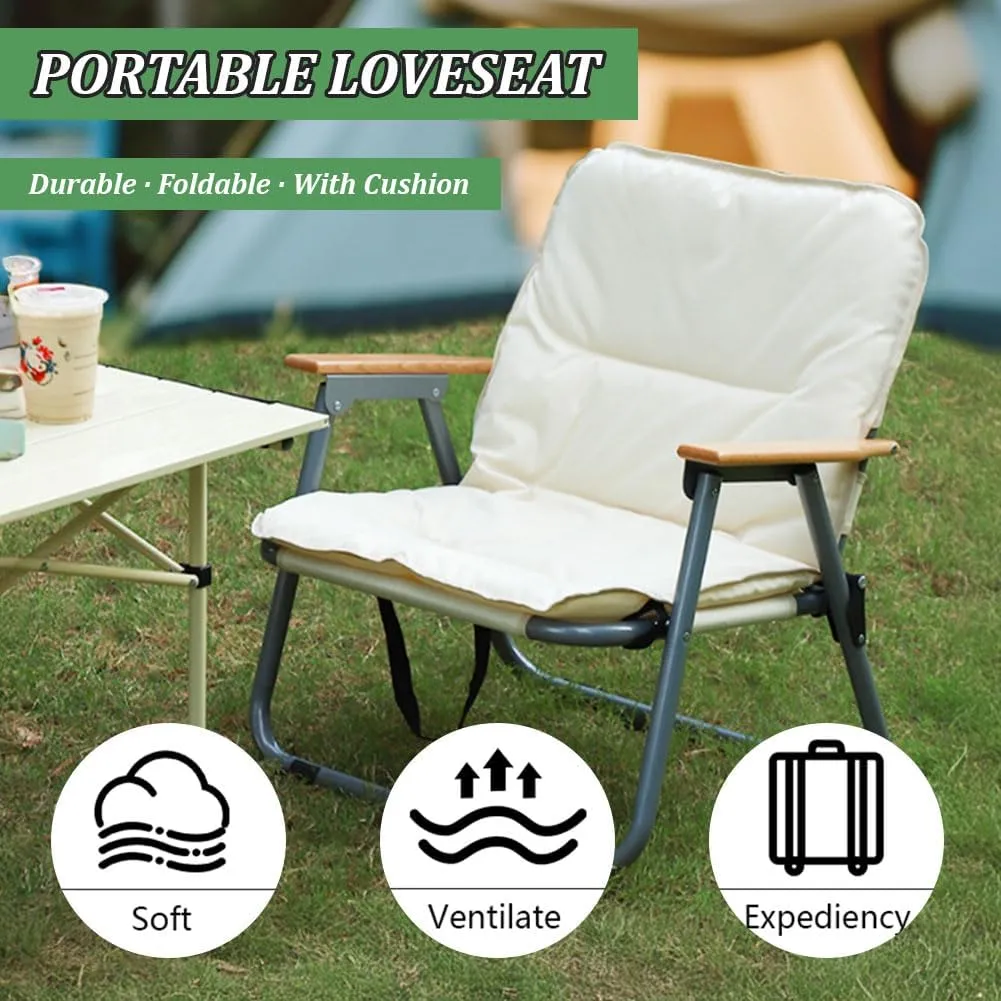 Folding Camping Chair with Seat Cushion, Outdoor Foldable Seat Beach Chair Portable Camp Chair for Indoor Patio Travel Picnic Sports, Khaki
