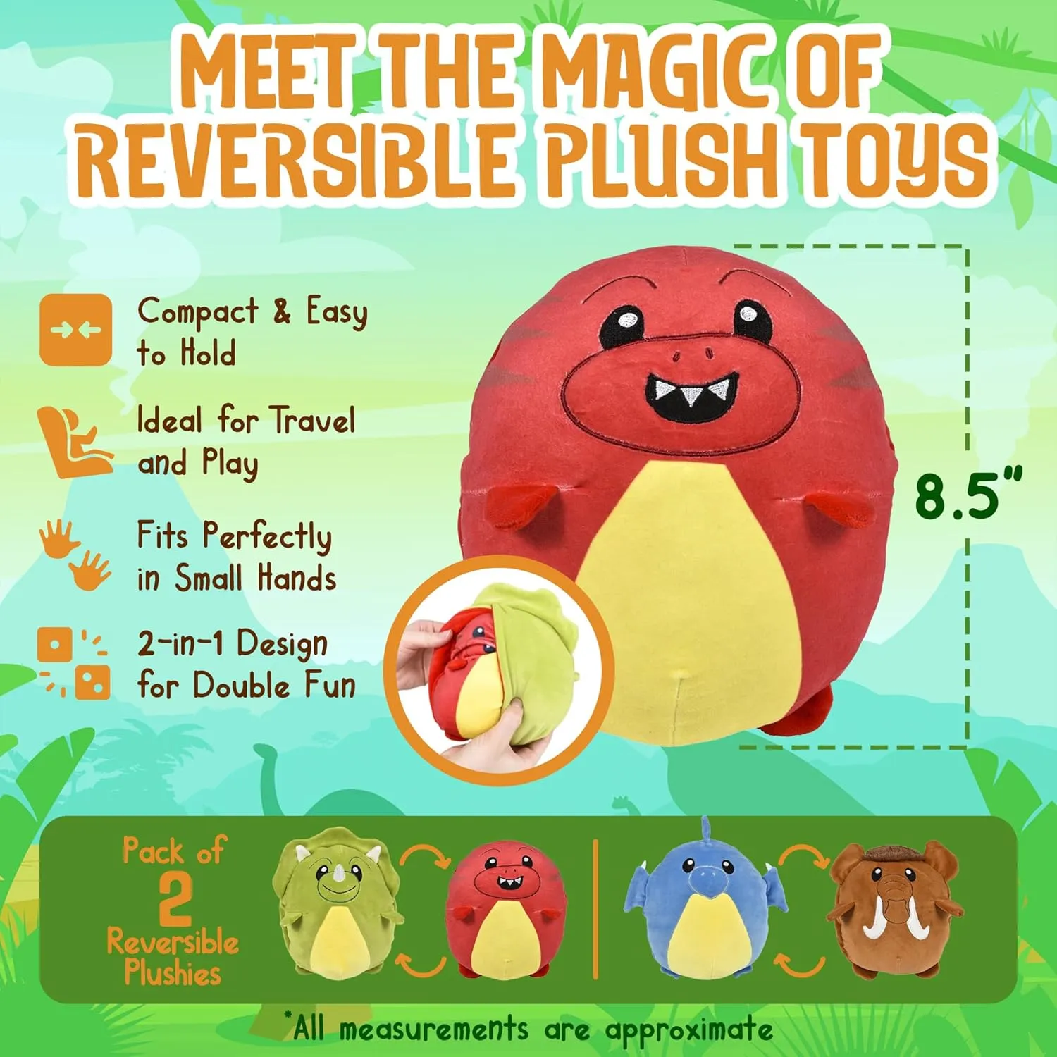 Forest & Twelfth 2 Pack Reversible Dinosaur Eggamals Plush Toy Set, 2-in-1 Jurassic Stuffed Animals, Ideal as Kid's Gift, Party Favors, Kindergarten Gift, Birthday Gifts for Toddlers (Dinosaurs)