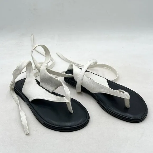 FOWT Beige Split Round Toe Sandals Lace up Strappy Flats Soft Flip Flop Shoes