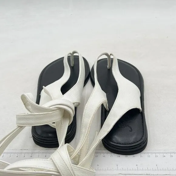 FOWT Beige Split Round Toe Sandals Lace up Strappy Flats Soft Flip Flop Shoes