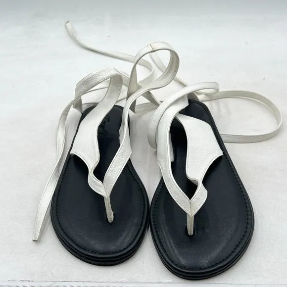 FOWT Beige Split Round Toe Sandals Lace up Strappy Flats Soft Flip Flop Shoes