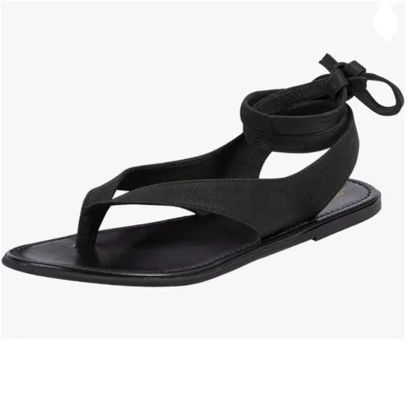 FOWT Black Split Round Toe Sandals Lace up Strappy Comfortable Flip Flop Shoes