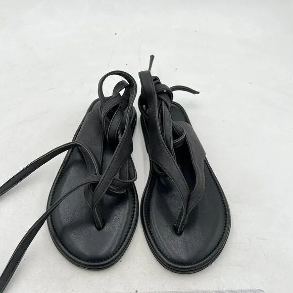 FOWT Black Split Round Toe Sandals Lace up Strappy Comfortable Flip Flop Shoes