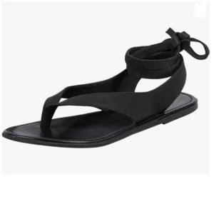 FOWT Black Split Round Toe Sandals Lace up Strappy Soft Flip Flop Casual Flats