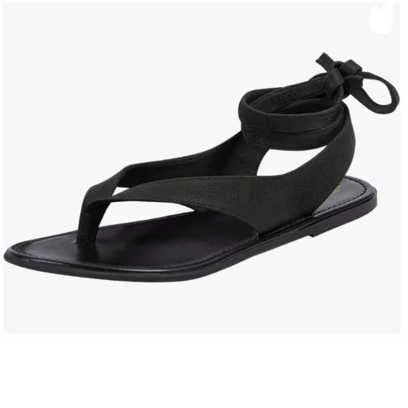 FOWT Black Split Round Toe Sandals Lace up Strappy Soft Flip Flop Casual Flats