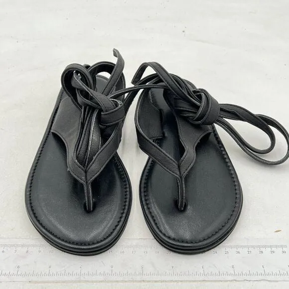 FOWT Black Split Round Toe Sandals Lace up Strappy Soft Flip Flop Casual Flats