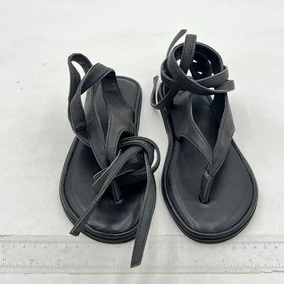 FOWT Black Split Round Toe Sandals Lace up Strappy Soft Flip Flop Casual Shoes