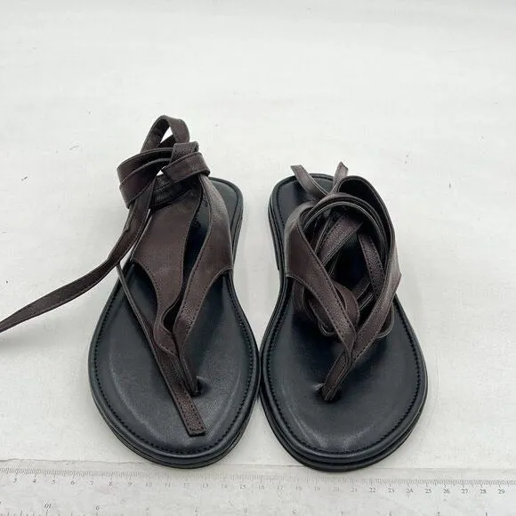 FOWT Dark Brown Split Round Toe Sandals Lace up Soft Flip Flop Casual Flats