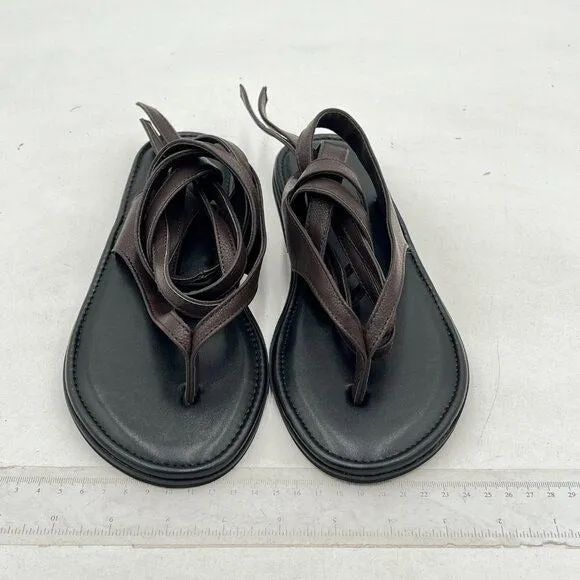 FOWT Dark Brown Split Round Toe Sandals Lace up Soft Flip Flop Casual Shoes