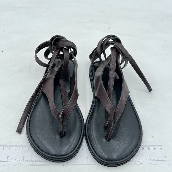FOWT Dark Brown Split Round Toe Sandals Lace up Strappy Summer Soft Flip Flop