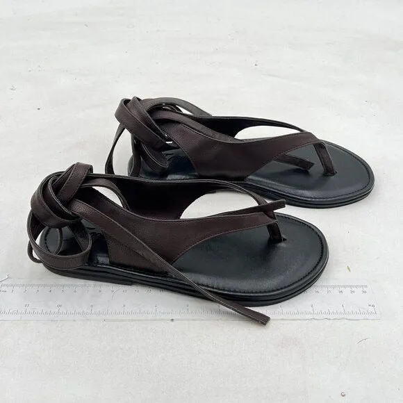 FOWT Dark Brown Split Round Toe Sandals Lace up Strappy Summer Soft Flip Flop