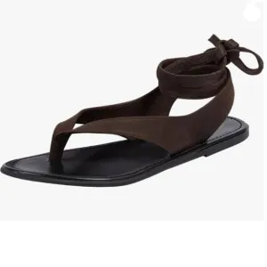 FOWT Dark Brown Split Round Toe Sandals Lace up Strappy Summer Soft Flip Flop