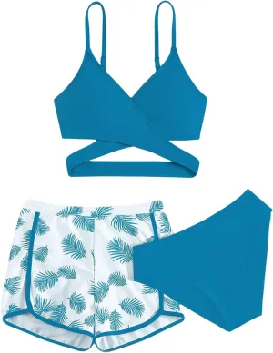 Girl's 3 Piece Swimsuit Tropical Wrap Criss Cross Cute Bikini Set Bathing Suit with Beach Shorts