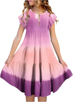 Girl's Dresses Double Layer Flutter Sleeve A-Line Sundress Casual Summer Tiered Swing Flowy Midi Dress with Pockets