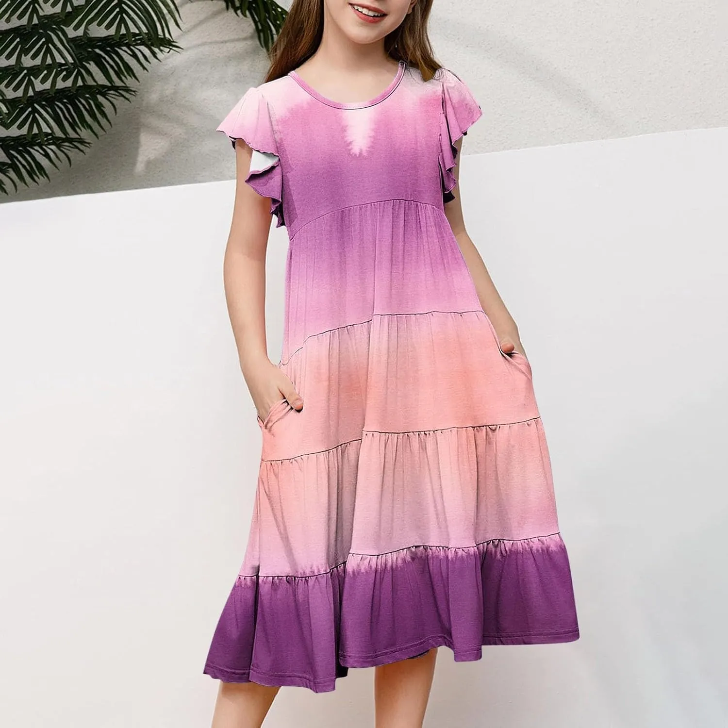 Girl's Dresses Double Layer Flutter Sleeve A-Line Sundress Casual Summer Tiered Swing Flowy Midi Dress with Pockets