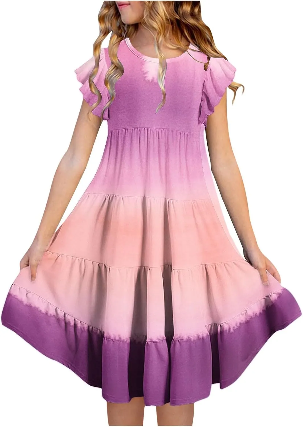 Girl's Dresses Double Layer Flutter Sleeve A-Line Sundress Casual Summer Tiered Swing Flowy Midi Dress with Pockets