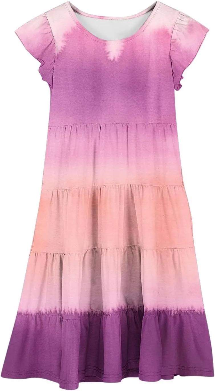 Girl's Dresses Double Layer Flutter Sleeve A-Line Sundress Casual Summer Tiered Swing Flowy Midi Dress with Pockets