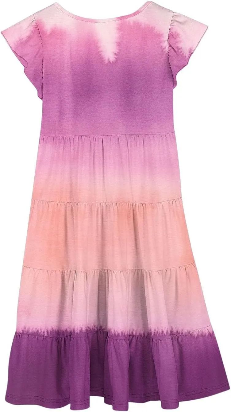 Girl's Dresses Double Layer Flutter Sleeve A-Line Sundress Casual Summer Tiered Swing Flowy Midi Dress with Pockets