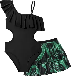 Girls One Piece Swimsuits Cut Out Swimsuit with Mesh Skirt Ruffle Girls Bathing Suit 9-16 Years Summer Beach Swimwear