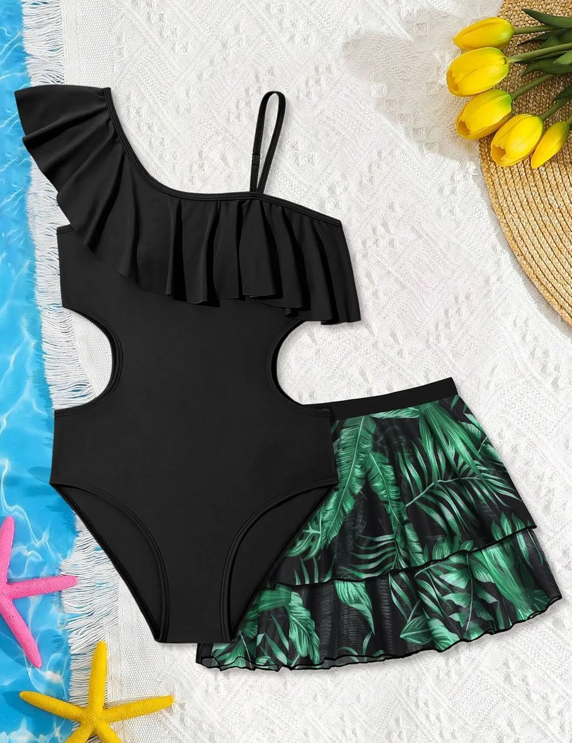 Girls One Piece Swimsuits Cut Out Swimsuit with Mesh Skirt Ruffle Girls Bathing Suit 9-16 Years Summer Beach Swimwear