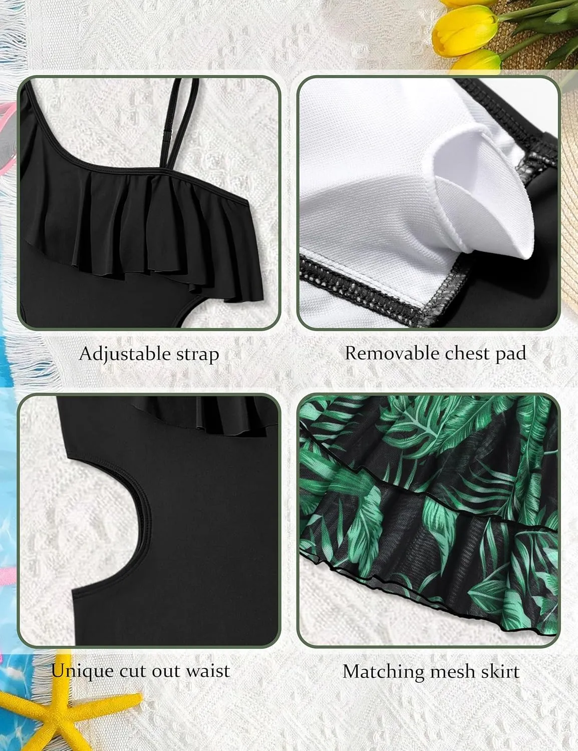 Girls One Piece Swimsuits Cut Out Swimsuit with Mesh Skirt Ruffle Girls Bathing Suit 9-16 Years Summer Beach Swimwear