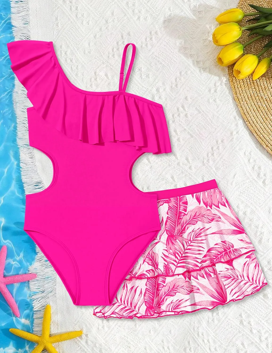 Girls One Piece Swimsuits Cut Out Swimsuit with Mesh Skirt Ruffle Girls Bathing Suit 9-16 Years Summer Beach Swimwear