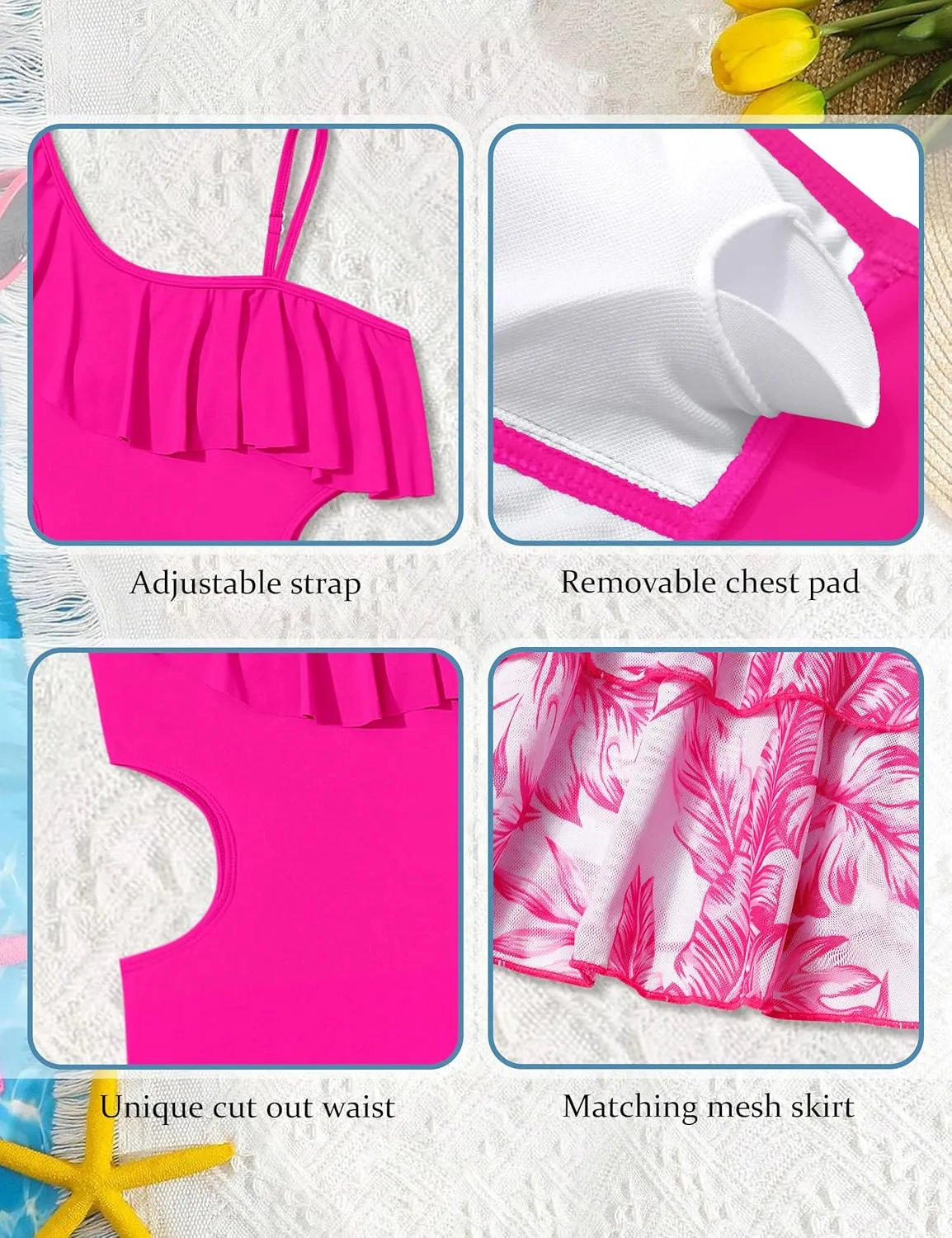 Girls One Piece Swimsuits Cut Out Swimsuit with Mesh Skirt Ruffle Girls Bathing Suit 9-16 Years Summer Beach Swimwear