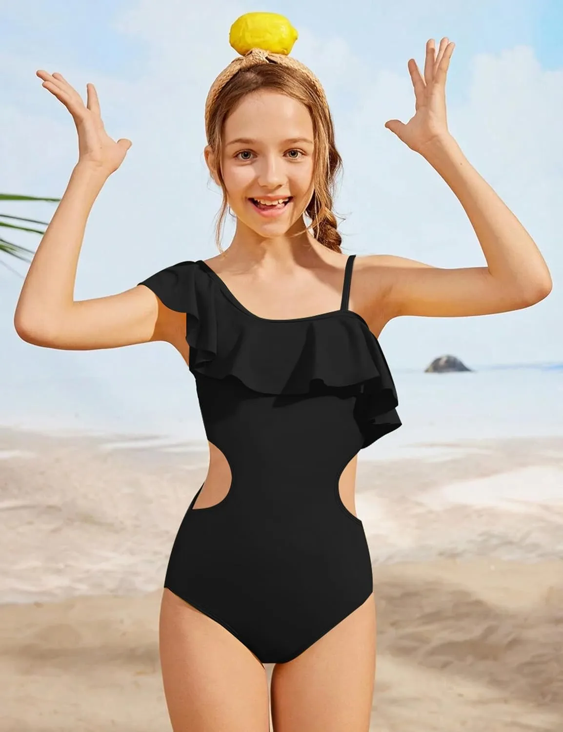 Girls One Piece Swimsuits Cut Out Swimsuit with Mesh Skirt Ruffle Girls Bathing Suit 9-16 Years Summer Beach Swimwear