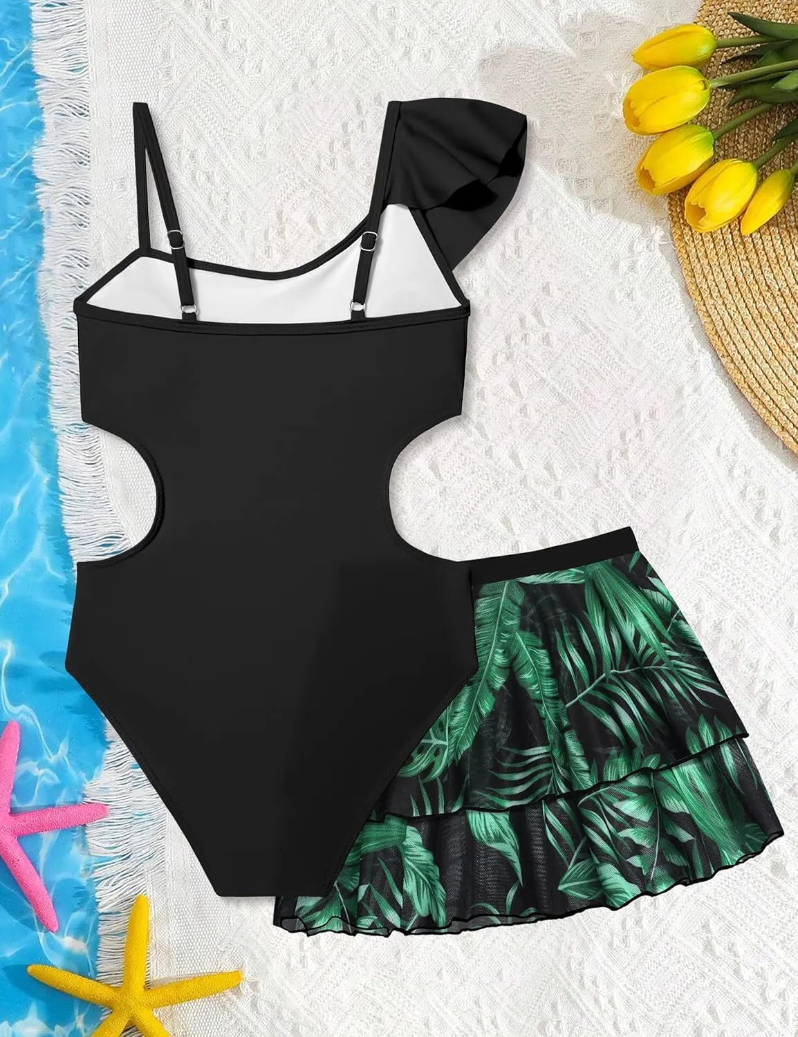 Girls One Piece Swimsuits Cut Out Swimsuit with Mesh Skirt Ruffle Girls Bathing Suit 9-16 Years Summer Beach Swimwear