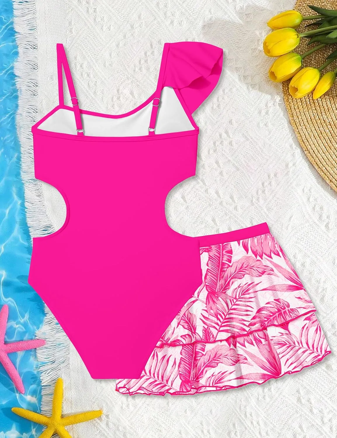 Girls One Piece Swimsuits Cut Out Swimsuit with Mesh Skirt Ruffle Girls Bathing Suit 9-16 Years Summer Beach Swimwear