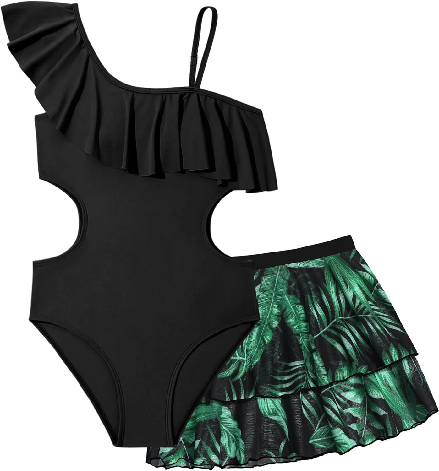 Girls One Piece Swimsuits Cut Out Swimsuit with Mesh Skirt Ruffle Girls Bathing Suit 9-16 Years Summer Beach Swimwear