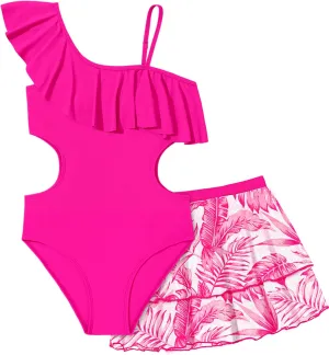 Girls One Piece Swimsuits Cut Out Swimsuit with Mesh Skirt Ruffle Girls Bathing Suit 9-16 Years Summer Beach Swimwear