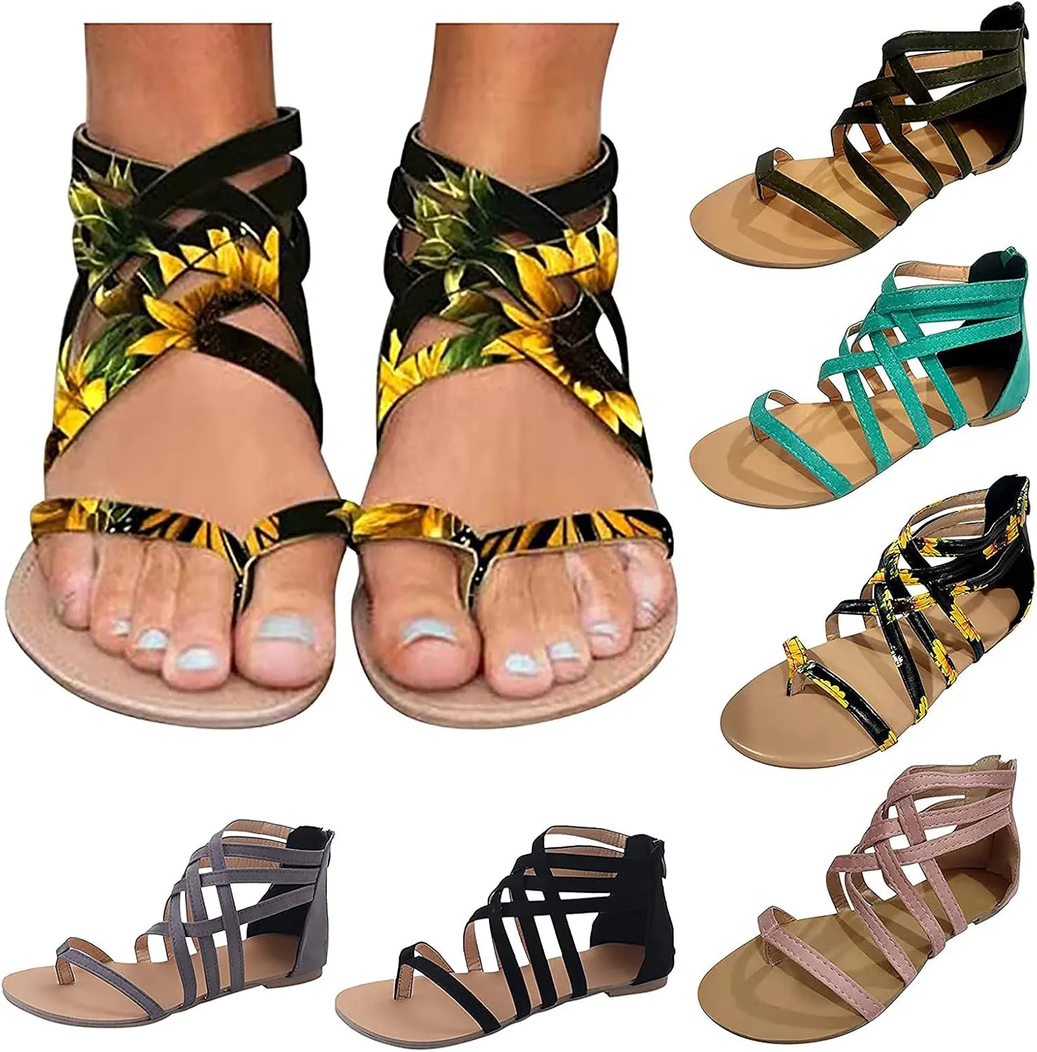 Gladiator Sandals for Women Flats,Summer Casual Cross Strap Back Zipper Clip Toe Flip Flops Lightweight Comfortable Roman Beach Shoes Slipper