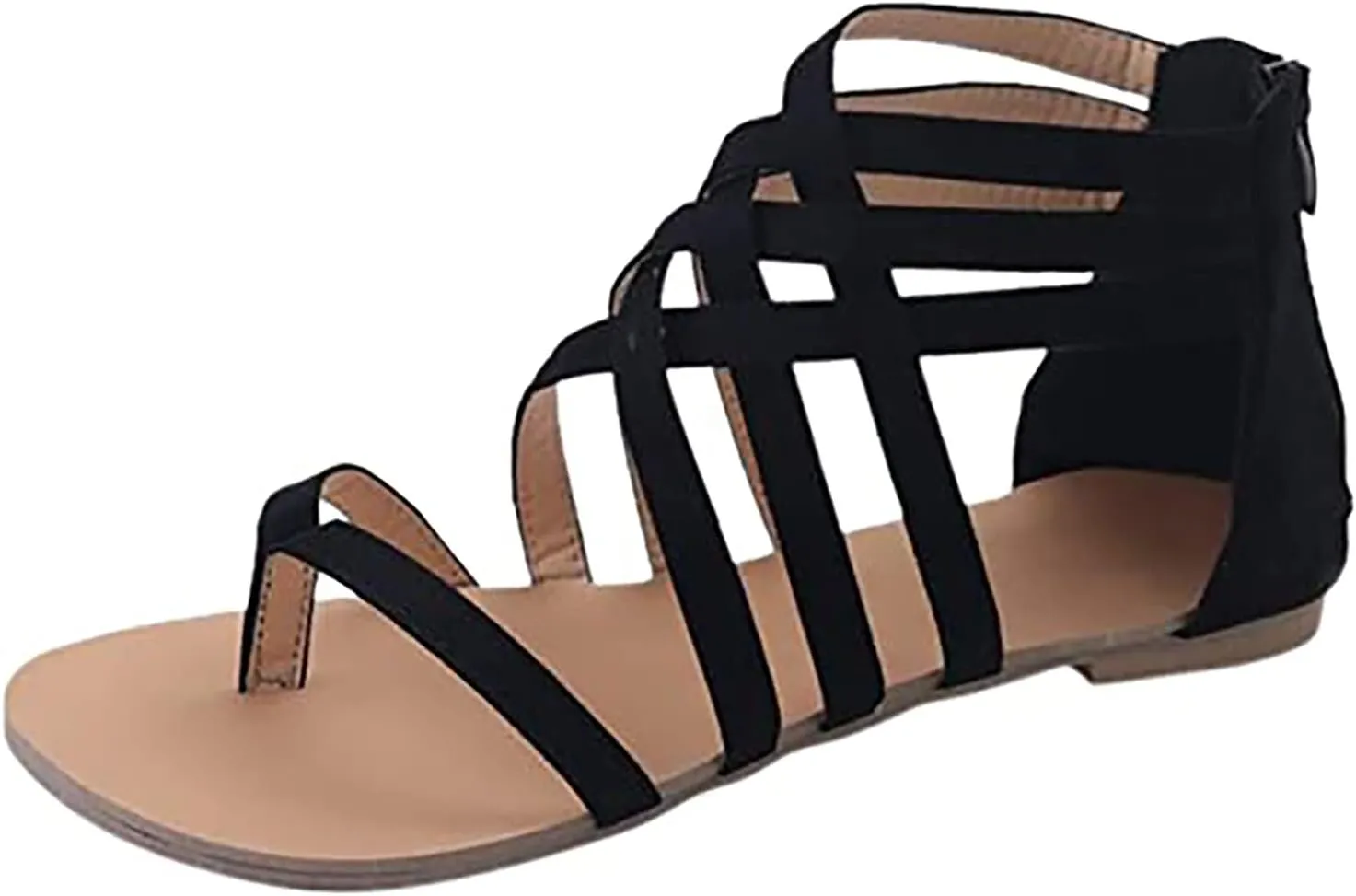 Gladiator Sandals for Women Flats,Summer Casual Cross Strap Back Zipper Clip Toe Flip Flops Lightweight Comfortable Roman Beach Shoes Slipper