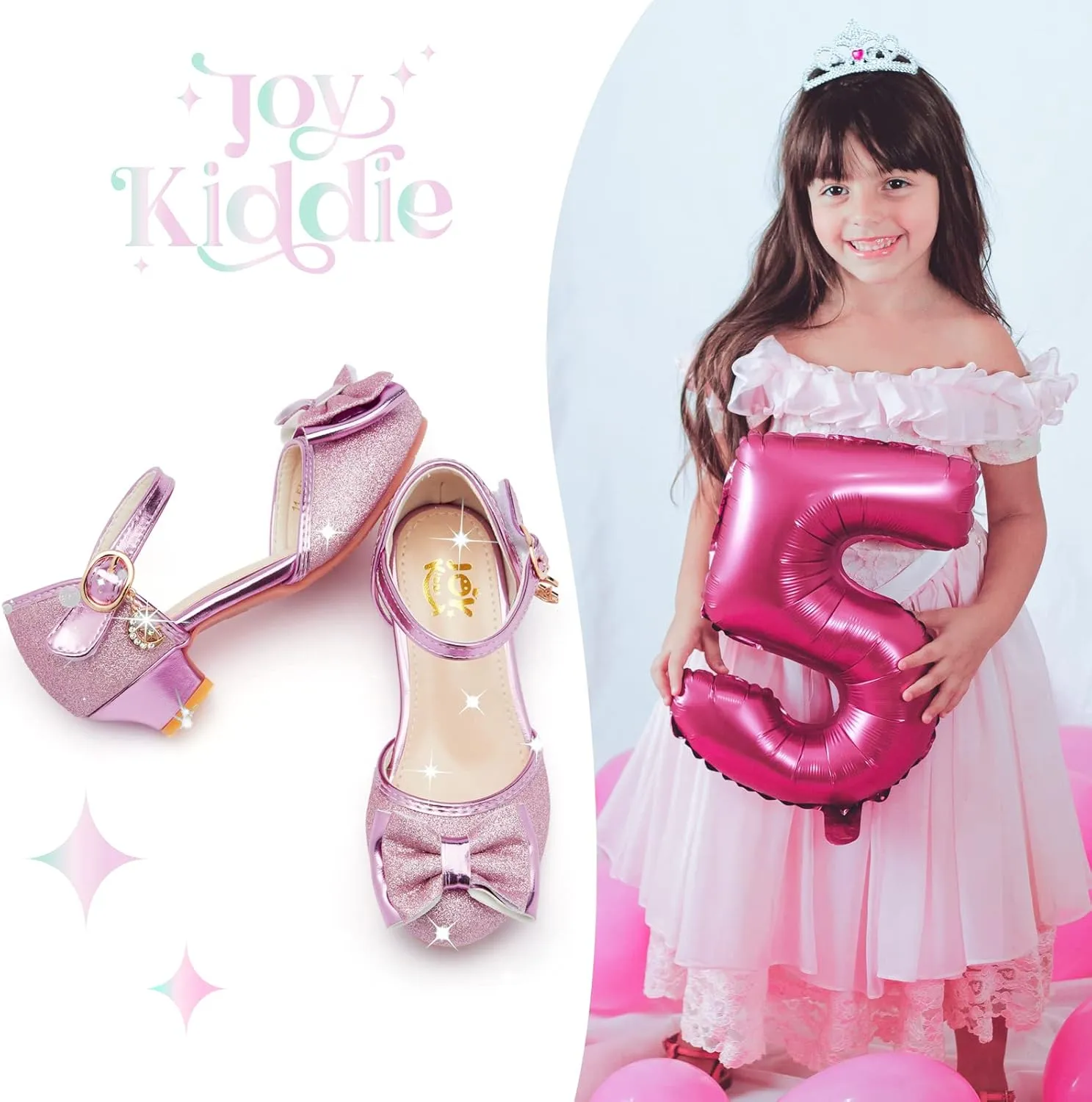 Glitter Girl Dress Shoes Fancy Princess Costume Shoes for Toddler Little Kid Round Toe Pretty Dressy Shoes with Charms Bow,1.2" Low Heel for Wedding Party