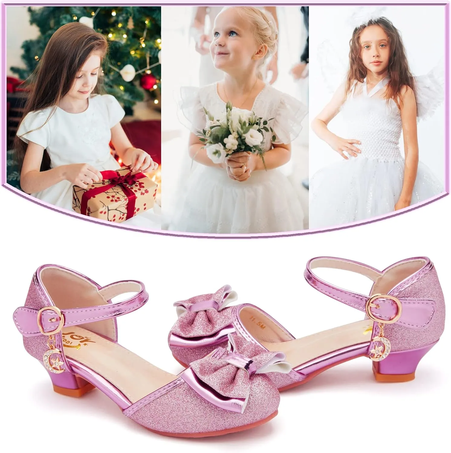 Glitter Girl Dress Shoes Fancy Princess Costume Shoes for Toddler Little Kid Round Toe Pretty Dressy Shoes with Charms Bow,1.2" Low Heel for Wedding Party