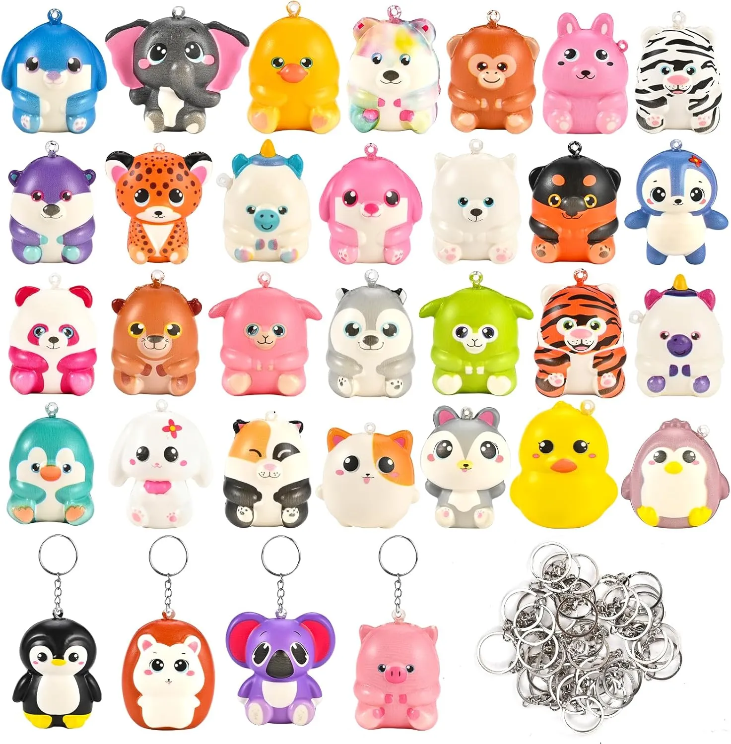 GOLDGE 32 Pcs Squishy Animal Keychains (Not Attached) - Colorful Party Favors, Goodie Bag, Pinata Stuffers, Classroom, Carnival Prizes, Treasure Box Toys for Kids (32 Pcs Squishy Animal Keychains)