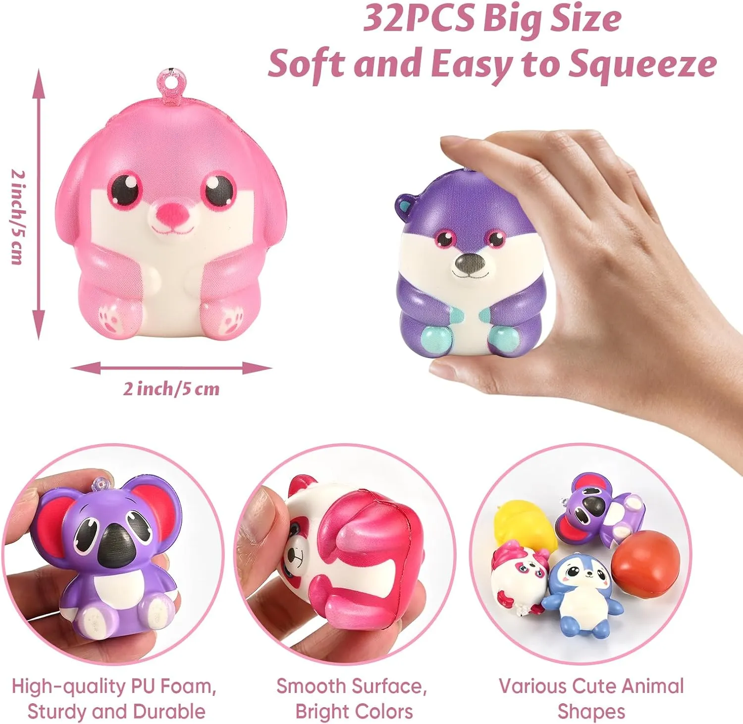GOLDGE 32 Pcs Squishy Animal Keychains (Not Attached) - Colorful Party Favors, Goodie Bag, Pinata Stuffers, Classroom, Carnival Prizes, Treasure Box Toys for Kids (32 Pcs Squishy Animal Keychains)