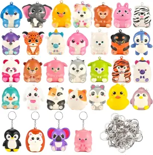 GOLDGE 32 Pcs Squishy Animal Keychains (Not Attached) - Colorful Party Favors, Goodie Bag, Pinata Stuffers, Classroom, Carnival Prizes, Treasure Box Toys for Kids (32 Pcs Squishy Animal Keychains)