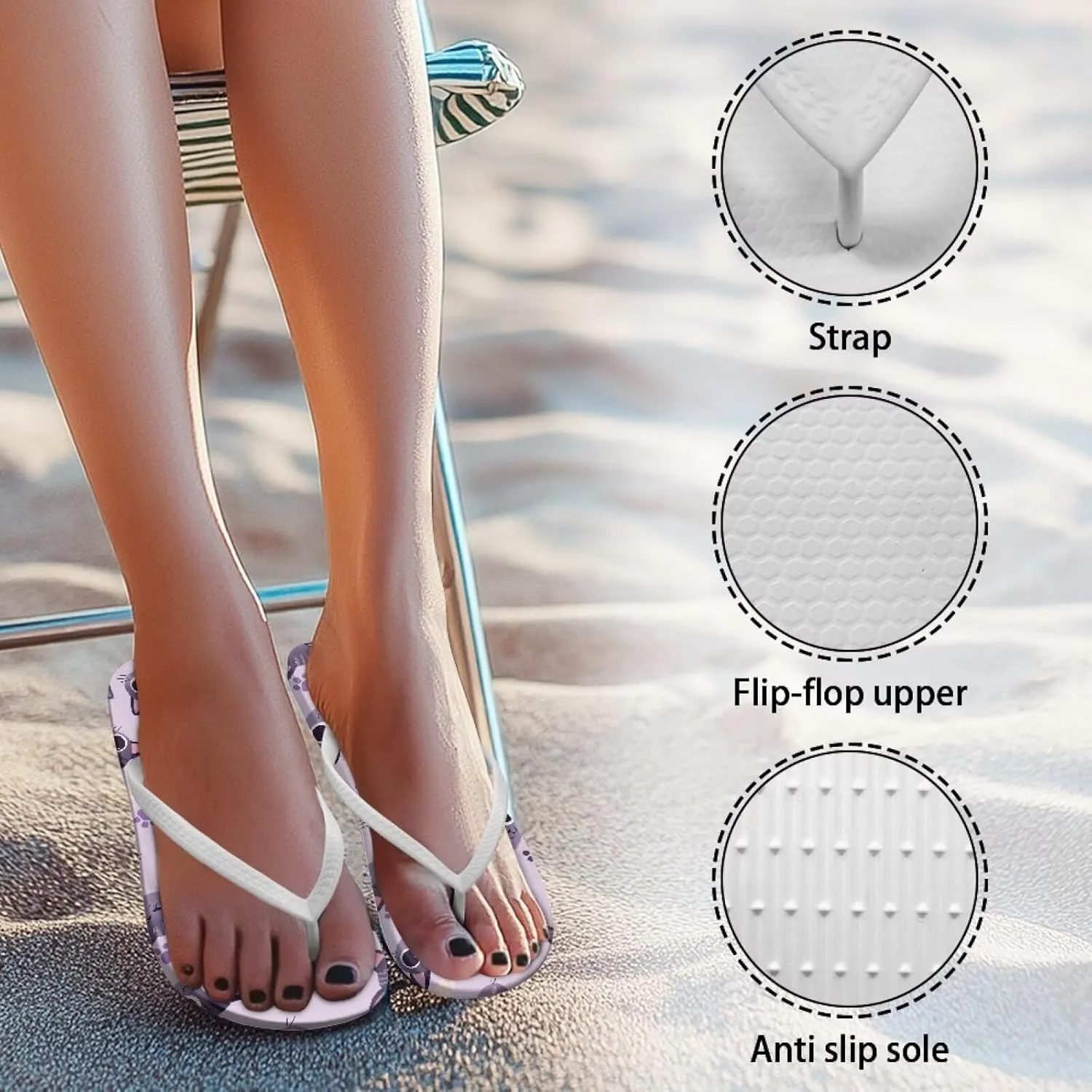 GOSTONG Women's Flip Flops Non-Slip Lightweight Sandals for Beach Pool Party Comfort Summer Sandals Teen Girls White Strap Size 5-9