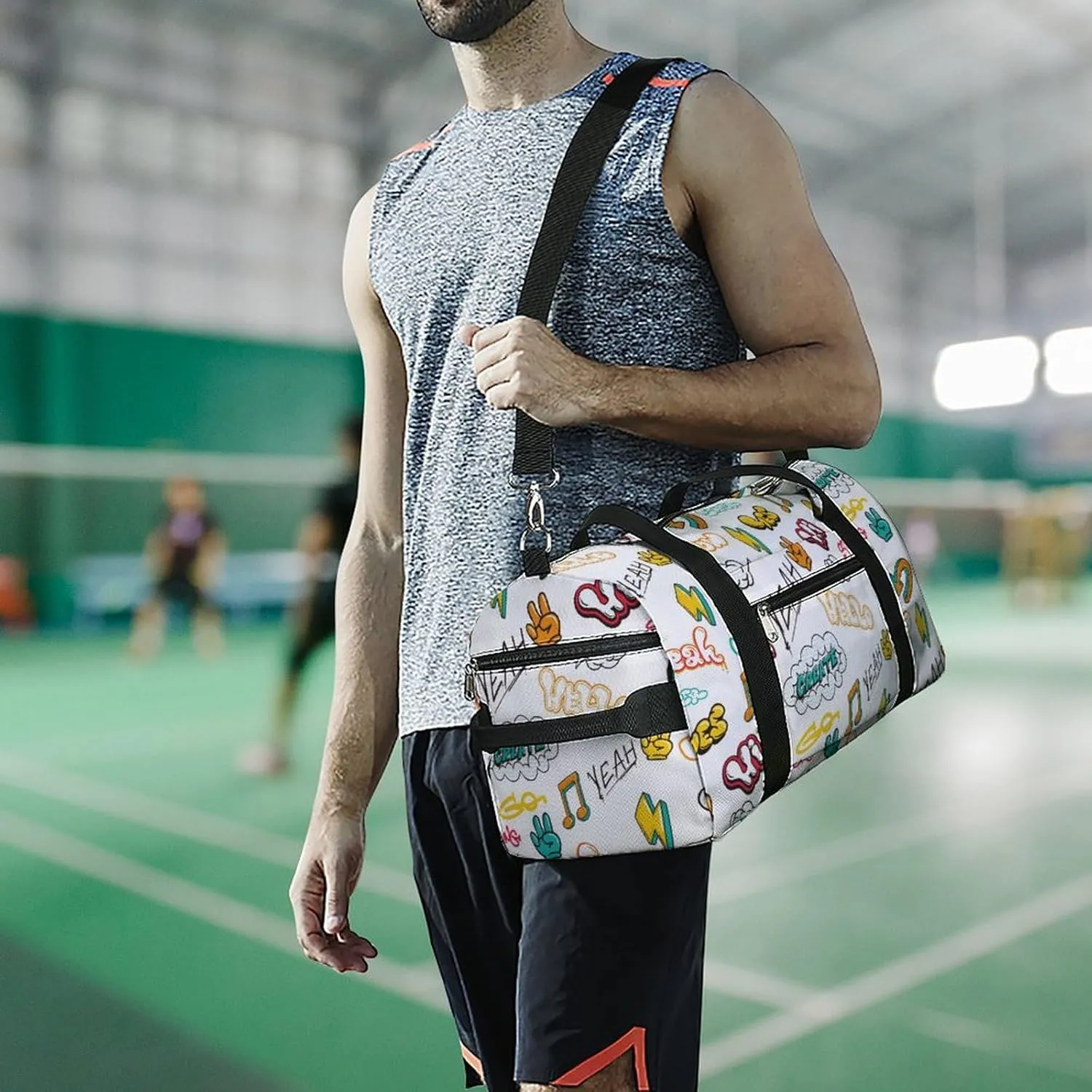 Graffiti in Pop Art Style with Text Fitness Large Gym Bag for Unisex with Shoe Compartment & Wet Pocket
