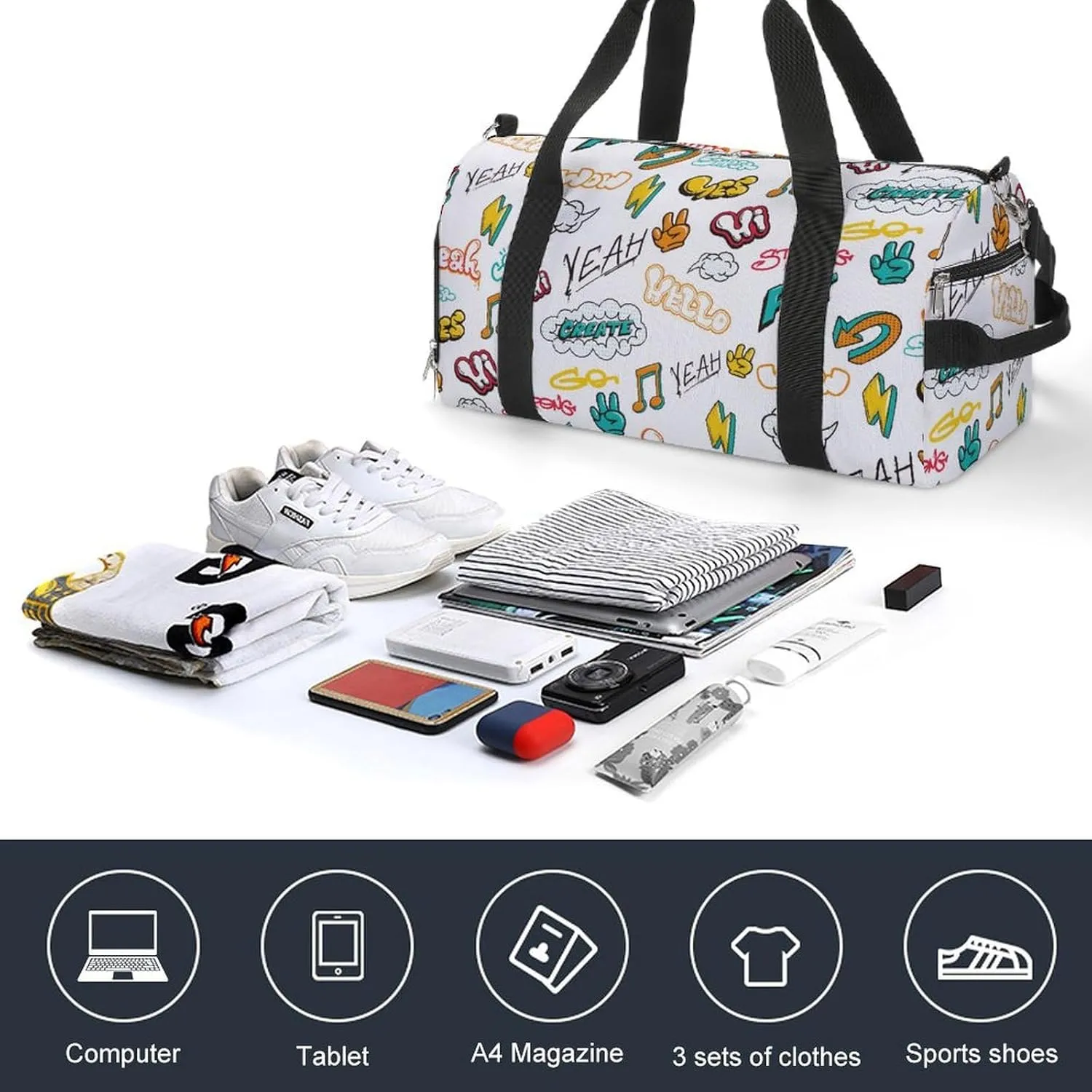Graffiti in Pop Art Style with Text Fitness Large Gym Bag for Unisex with Shoe Compartment & Wet Pocket