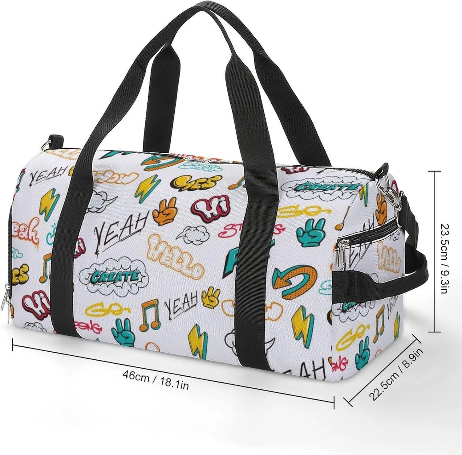 Graffiti in Pop Art Style with Text Fitness Large Gym Bag for Unisex with Shoe Compartment & Wet Pocket
